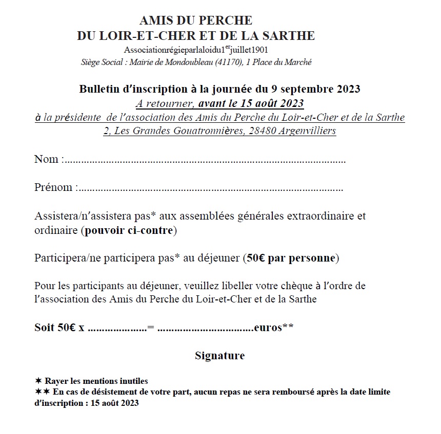 2023-09-09, Mamers, Bulletin de participation AG des Amis du Perche du Loir-et-Cher & de la Sarthe.
