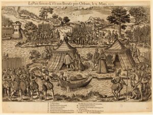 13 mars 1563, la paix faite à l'ile aux Boeufs près d'Orléans (gravure)
