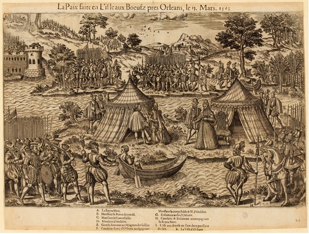 13 mars 1563, la paix faite à l'ile aux Boeufs près d'Orléans (gravure)
