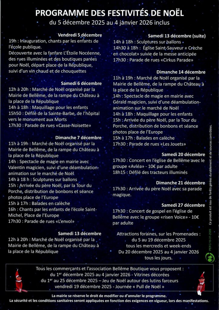 2025-12-13, programme festivés de Noël de Bellême 2025